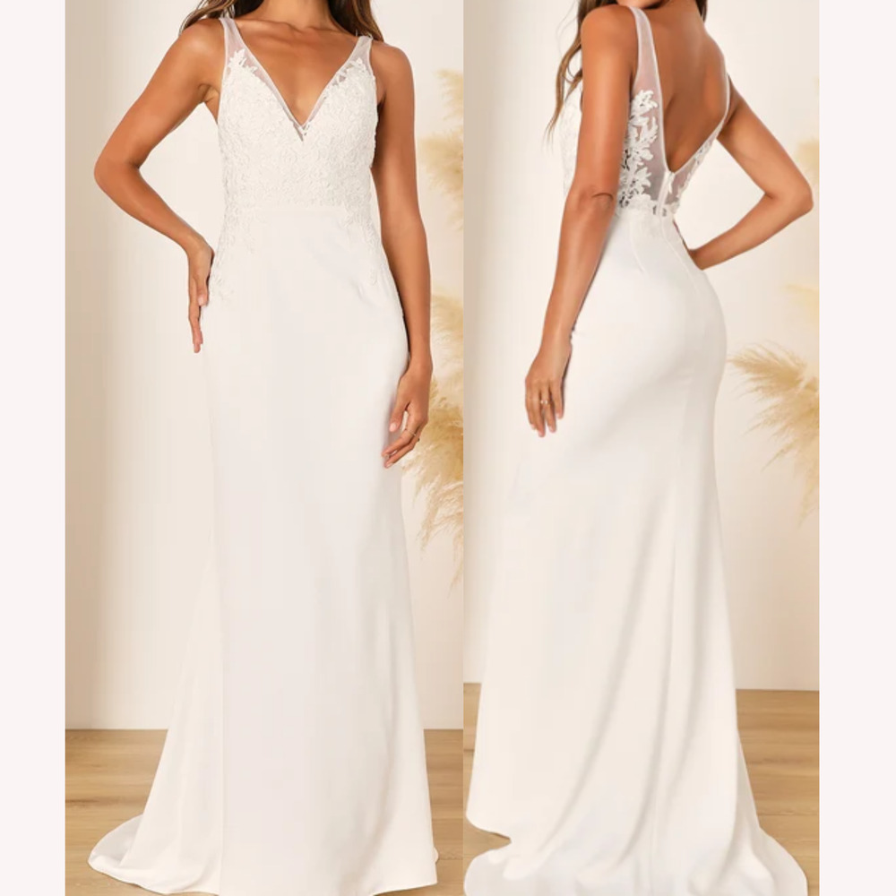 LULU'S Sm Precious Promise White Satin Embroidered Lace Mermaid Maxi Dress NWOT